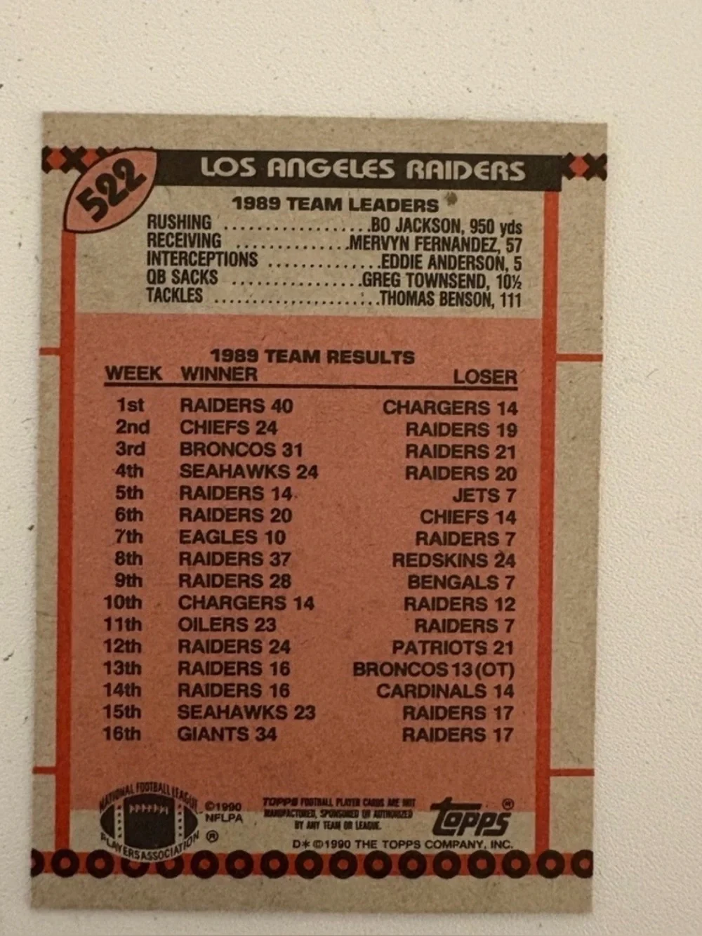Bo Knows Yardage Raider Topps card Bo Jackson